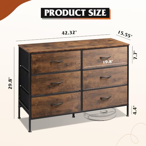 WLIVE Rustic Brown Dresser with 6 Fabric Drawers, 42.3" TV Console Storage