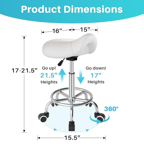 Ergonomic Saddle Stool with Wheels - White Saddle Chair, Adjustable Height