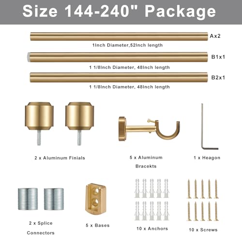 Heavy Duty Extendable Curtain Rod 1 1/8 Inch Diameter - Warm Gold, 144-240 Inches