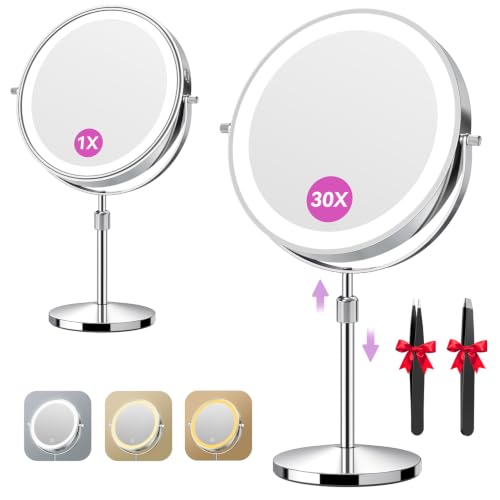 Auxmir 9-Inch Lighted Makeup Mirror with 30X Magnification, Rechargeable Chrome