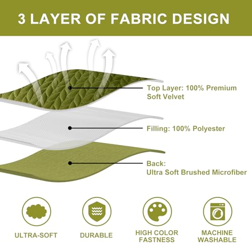 King Size Velvet Quilt Set with Embroidered Leaf Design - Green Reversible Bedspread, 3 Pieces