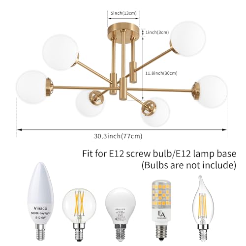 Biewalk Gold 6-Light Sputnik Ceiling Light Fixture with Milk White Glass Shades - Modern Adjustable Chandelier