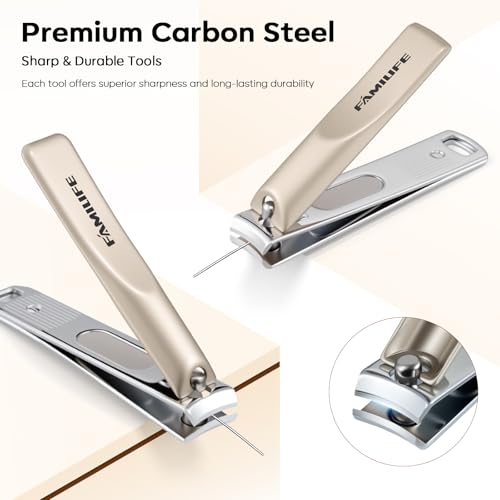 FAMILIFE 9-in-1 Nail Care Kit - Carbon Steel Cuticle Scissors & Clippers, Travel Grooming Set - Brown