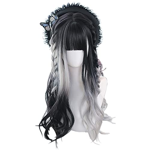 Osseoca Wavy Long Black & White Synthetic Hair Wig - Lolita Princess Style (Size 16)