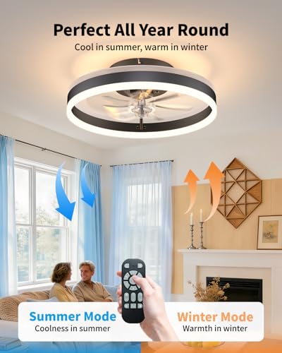 JHSYCH RGB Black 16-Inch Low Profile Ceiling Fan with Lights & Remote