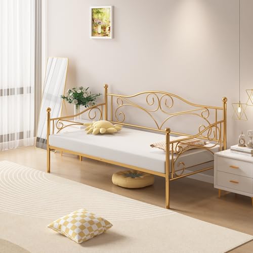 Gold Twin Size Metal Daybed Frame with Headboard, Modern Support & Storage