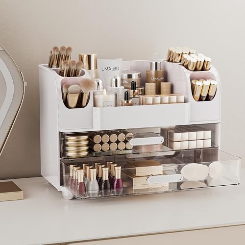 Delamu Makeup Organizer Countertop with 6 Brush Holder, Bathroom Countertop Organizer with 2 Large Drawers, Cosmetic Display Case for Vanity, Ideal Christmas Gifts for Women Girls, Light White