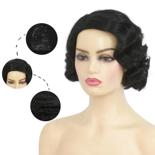 Kaneles Short Black Finger Wave Wig for Women 1920s Style, Heat-Resistant Synthetic Hair, Vintage Cosplay & Daily Wear