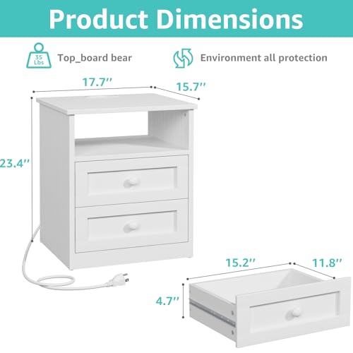 White Wooden Nightstand with Charging Station and LED Lights - Modern Bedside Table with 2 Drawers