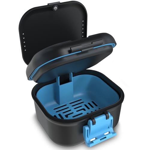 Denture Storage Case with Strainer Leak-Proof Soaking Box - Black & Blue
