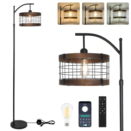 Vintage Industrial Floor Lamp with Remote Dimmable LED, Rustic Tall Standing Light for Living Room & Bedroom