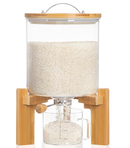 HBlife 5L Glass Rice Dispenser with Wooden Stand, Airtight Bamboo Lid & Measuring Cup