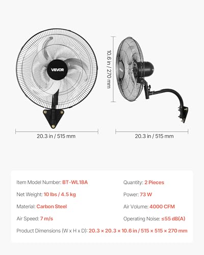 VEVOR 18-inch Wall Mount Fan 2 Pack, Oscillating Industrial Garage Fan with 3 Speeds & Adjustable Angle