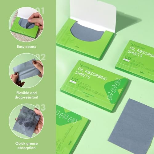 Oil Absorbing Sheets with Bamboo Charcoal - 6 Pack (720 sheets) Oil Blotting Sheets For Face, 20% More Makeup Friendly High-performance Handy Face Blotting Paper for Oily Skin