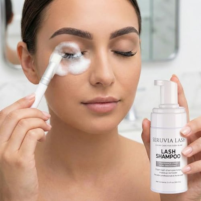 Eyelash Shampoo for Eyelash Extensions (3.4 fl oz / 100ml) - Sensitive Eyelid Foaming Cleanser - Oil-Free Lash Bath for Daily Aftercare - Includes Soft Brush & Mascara Wand