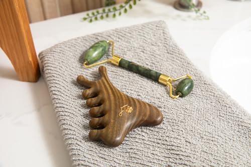 Jade & Timber Jade Roller & Green Sandalwood Gua Sha Set for Facial & Body Massage