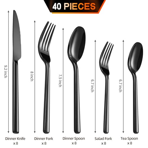 TININA Black 40-Piece Stainless Steel Flatware Set for 8 - Modern Round Handle, Mirror Finish, Dishwasher Safe
