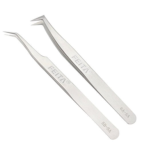 Professional Tweezers Set - FEITA Precision Tweezers with Travel Case - Stainless Steel Tweezers for Plucking, Watchmakers, Jewelry, Electronic, Craft (Silver 7Pcs)