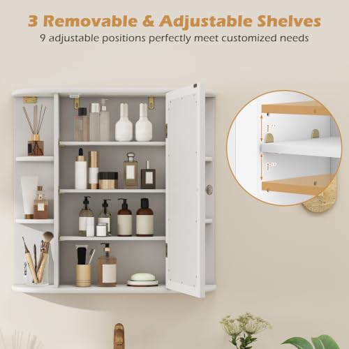 White Bathroom Medicine Cabinet with Mirror, Wall Mounted Storage Organizer, 4 Shelves & 6 Side Shelves