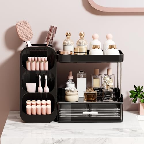Makeup Organizer for Vanity with Brush Holder, 2 Tiers Countertop Skincare and Cologne Organizer for Bathroom Vanity, Large Capacity Makeup Storage, Black