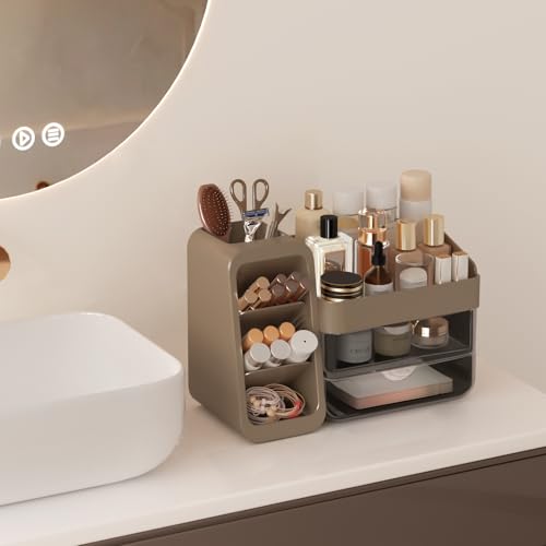 Countertop Makeup & Skincare Organizer with Adjustable Brush Holder - Taupe