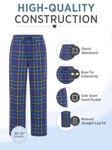 Large Blue Green Plaid Flannel Pajama Sleep Pants for Women - Casual Nights