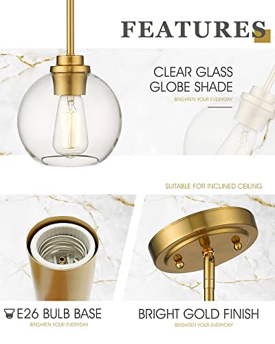 Brass Pendant Lights for Kitchen Island 2 Pack - Clear Glass Globe Shade, Gold Finish, 7 Inch, Farmhouse Style
