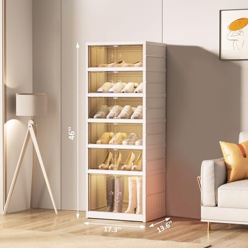 Foldable Shoe Rack Organizer 6 Tiers - White, Holds 12 Pairs, 17.3" Wide