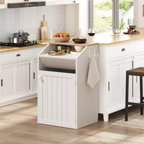 YATINEY White 13 Gallon Freestanding Trash Cabinet with Flip Door - Hidden Kitchen Waste Cabinet