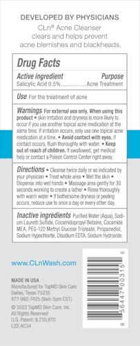 CLn 3.4 oz Acne Facial Cleanser with Salicylic Acid for Blackheads & Breakouts - Oil-Free & Fragrance-Free