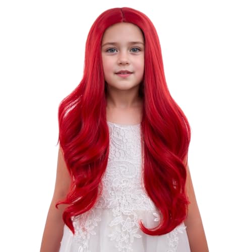 Girl Bright Red Wavy Curly Wig for Kids - Long Hair, Secure Fit, Heat-Resistant Synthetic