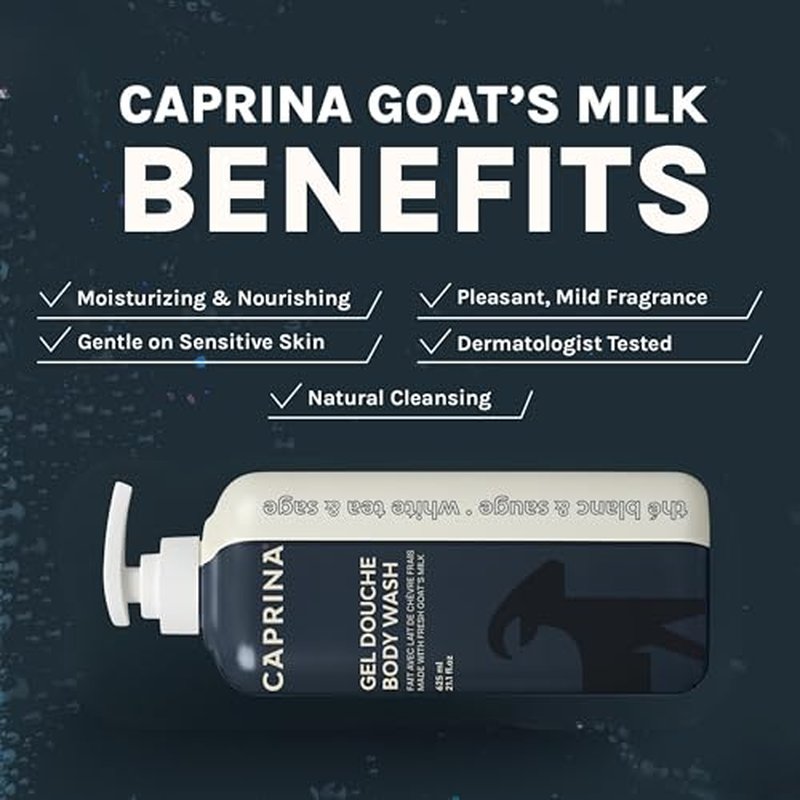 Caprina Fresh Goat¡¯s Milk Body Wash, WHITE TEA & SAGE Formula, 625 ml, Moisturizing Cleanser for Normal Skin, Gentle Daily Hydration