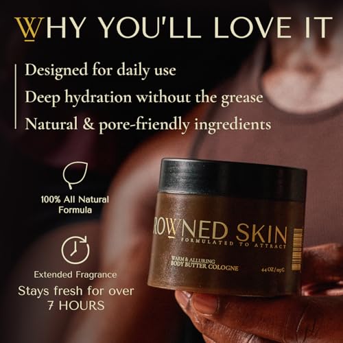 Crowned Skin King Cologned Body Butter for Men | Warm & Sensual | New Moisturizing Formula Scented with Sandalwood & Leather | Infused with Organic Shea & Mango Butters | All-Day Fragrance | 4.4oz