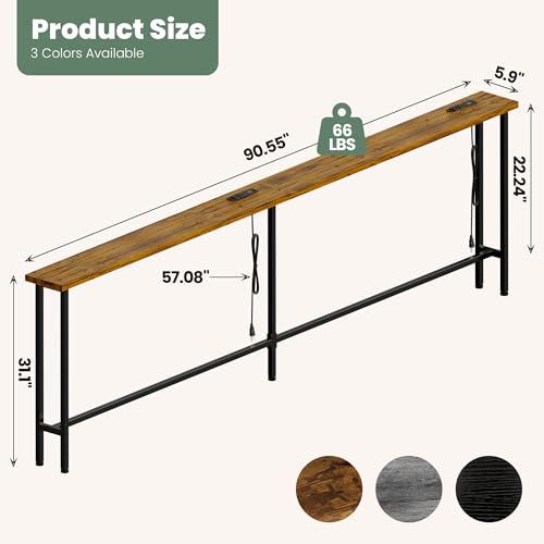 Rustic Brown 90-Inch Sofa Table with Built-In Power Strip and USB Ports
