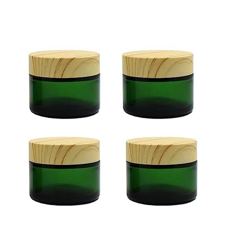 4Pack 50g Green Glass Cosmetic Cream Jars, Empty Sample Jars Containers Pot with Wood Grain Lids for Lotion, Lip Balm, Eye Cream, Scrubs, Oils, Salves, Ointments