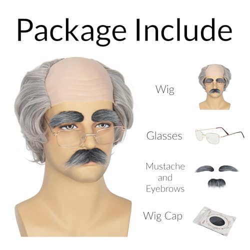 Grey Grandpa Old Man Wig with Mustache Eyebrows Glasses - Costume Accessory