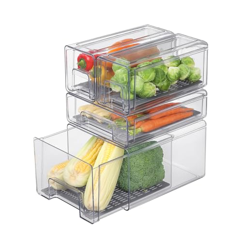 Bronkeeper Refrigerator Organizers Set with 2 Small + 1 Medium + 1 Large Drawer Bins