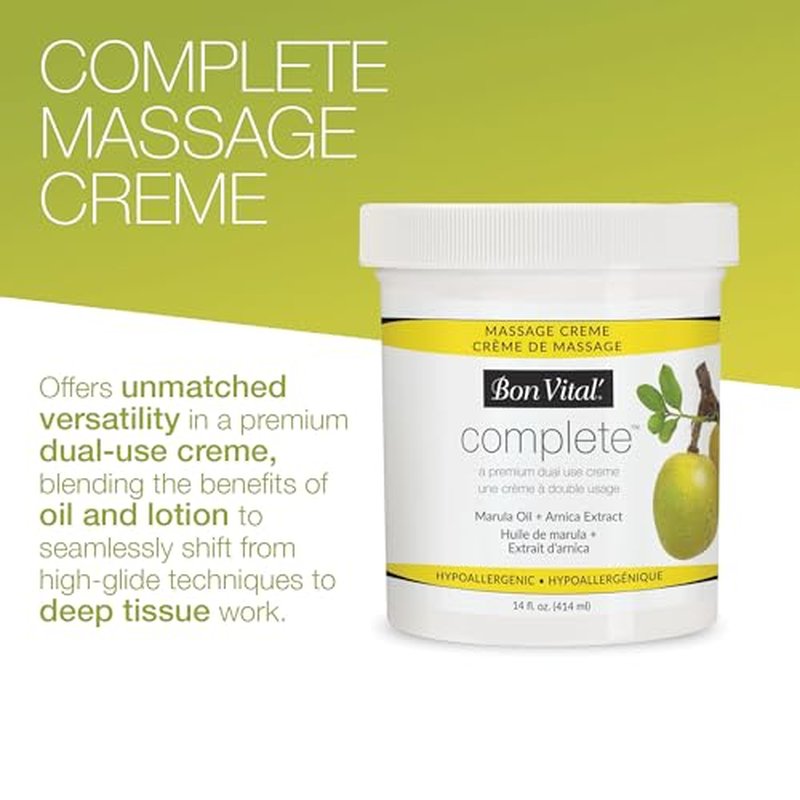 Bon Vital Complete Massage Creme, 14oz Jar, Unscented Non-Greasy Cream with Marula, Olive & Jojoba Oils, Hypoallergenic Moisturizer for Professional or Home Use, Premium Dual-Purpose, Massage Therapy