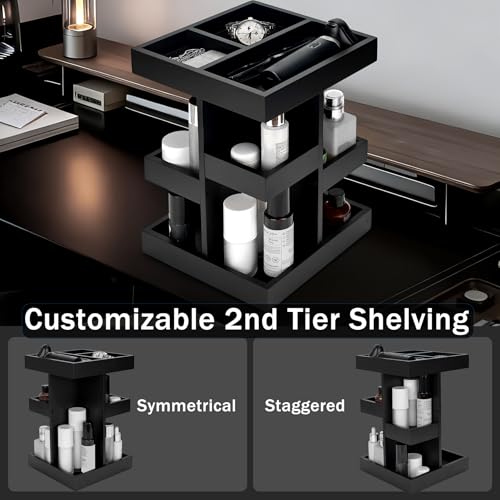 Cologne Organizer for Men, 3-Tier Wood Perfume Stand with Rotating Drawer, Large Capacity Storage for Desk Nightstand (Black)