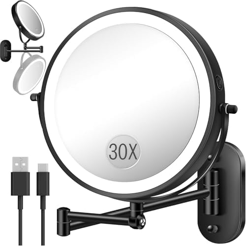 30X/1X Wall Mounted Lighted Makeup Mirror, 9'' Height Adjustable Double Sided 5000mAh Rechargeable Magnifying Bathroom Mirror with Light, 3 Color Modes Touch Dimmable Extended Arm 360 Rotation