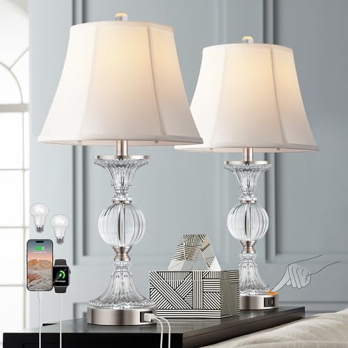 Glass Table Lamps Set of 2 - Modern Dimmable Touch Nightstand Lamps with USB - Brushed Silver & Clear