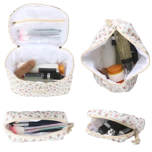 Large Cotton Quilted Makeup Travel Bag with Floral Design - Red Rose, 4-Piece Set - Women's Organizer