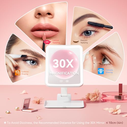 Auxmir 30X Magnifying Travel Makeup Mirror with LED Lights - Rechargeable, Compact, White