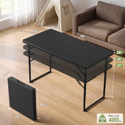 4FT Portable Folding Table with Adjustable Height & Steel Legs - Heavy Duty Plastic Surface for Indoor & Outdoor Use