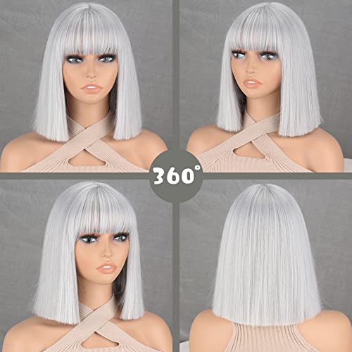 MERISIHAIR Silver Gray Short Bob Wig with Bangs for Women - Straight, Realistic Synthetic Hair, 11-inch Style