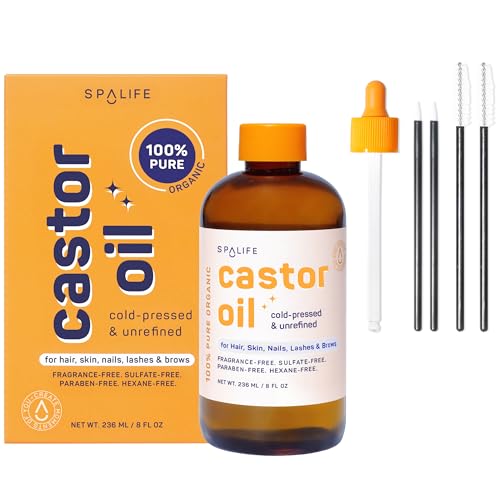 SpaLife Organic Cold Pressed Castor Oil for Face, Brows, Hair, Skin, Nails, & Lashes | Hexane Free Cold Pressed Castor Oil & 2x Brow Brushes, 2x Lash Line Applicators, and Dropper | 8 FL OZ