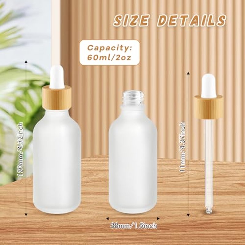 12 Pcs Frosted Glass Dropper Bottle Refillable Essential Oil Container Jars with Eye Dropper & Bamboo Lids for Perfume Sample Cosmetic Liquid Travel - 60ml/2oz