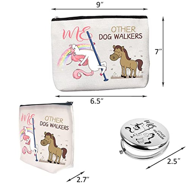 BoomBoomGifts Dog Walker Gifts for Women: White, Silver Animal Print Waterproof Linen Makeup Bag & Mirror