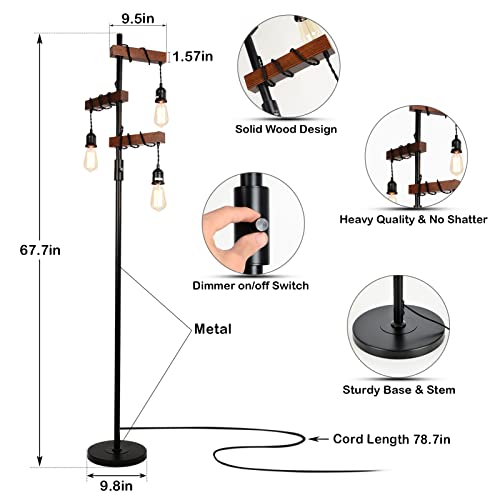 Dimmable Farmhouse Tree Floor Lamp - 68 Inch Wood & Metal Standing Lamp with 3 Lights