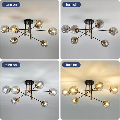 Modern Black and Gold Glass Globe Sputnik Ceiling Light Fixture - Semi-Flush Mount for Living Room, Kitchen, Bedroom